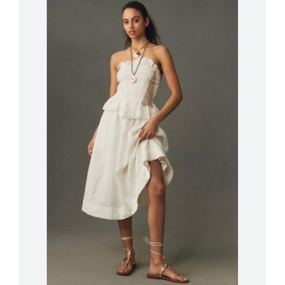 J4 Anthro Hemant & Nandita White Smocked Strapless Linen Midi Dress Lace Trim S - Picture 3 of 13